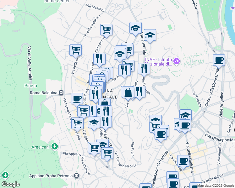 map of restaurants, bars, coffee shops, grocery stores, and more near 151 Viale Tito Livio in Roma