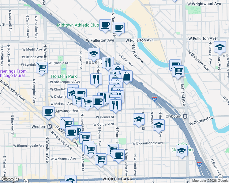 map of restaurants, bars, coffee shops, grocery stores, and more near 2042 North Damen Avenue in Chicago