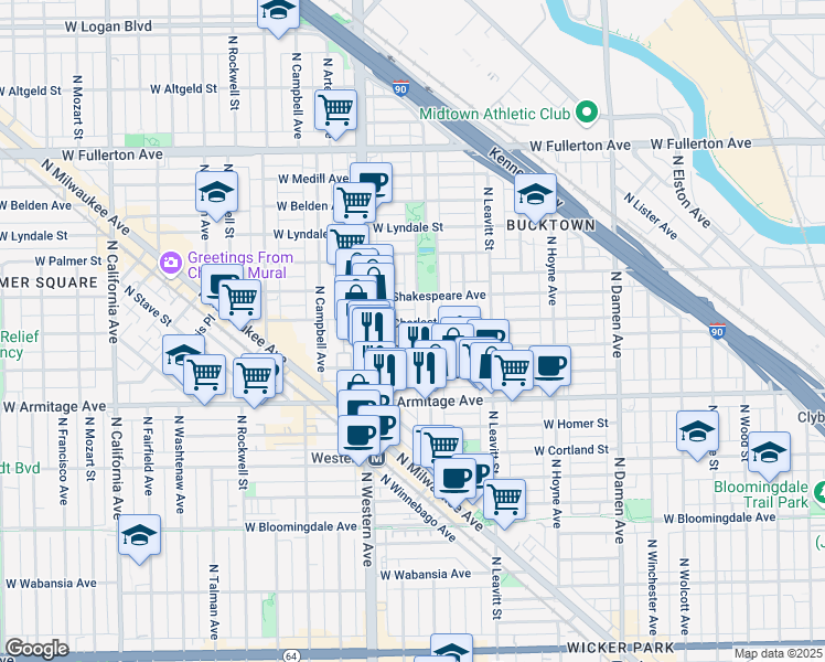 map of restaurants, bars, coffee shops, grocery stores, and more near 2044 North Oakley Avenue in Chicago