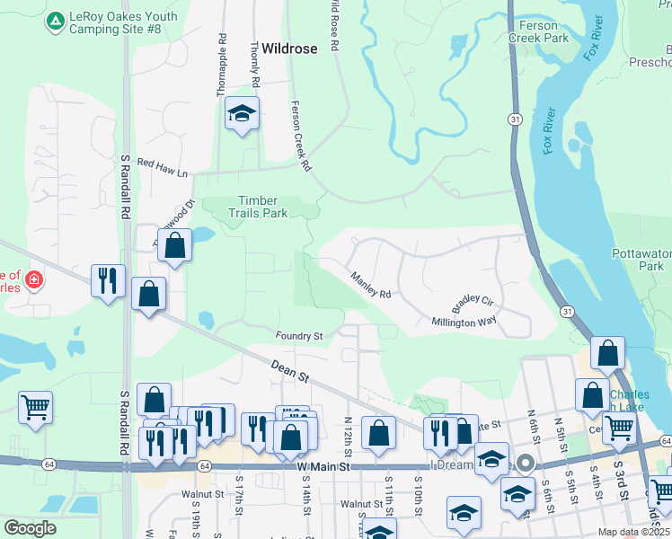 map of restaurants, bars, coffee shops, grocery stores, and more near 901 Manley Road in St. Charles