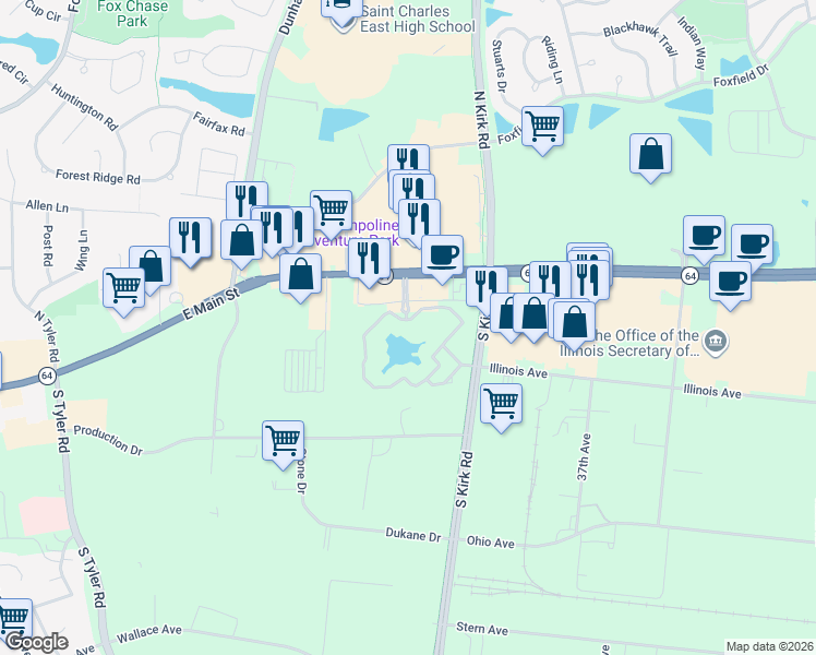 map of restaurants, bars, coffee shops, grocery stores, and more near 100 Lakeside Drive in St. Charles