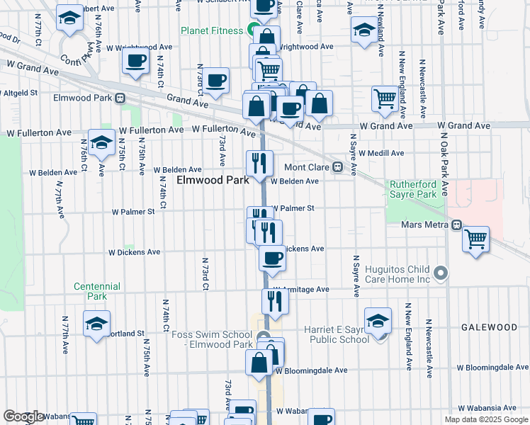 map of restaurants, bars, coffee shops, grocery stores, and more near 2139 Harlem Avenue in Elmwood Park