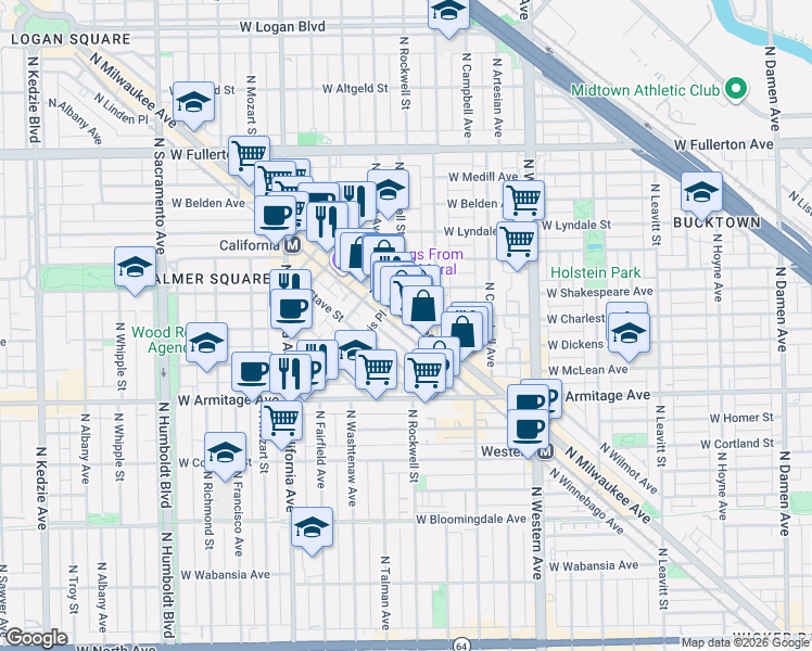 map of restaurants, bars, coffee shops, grocery stores, and more near 2118 North Bingham Street in Chicago