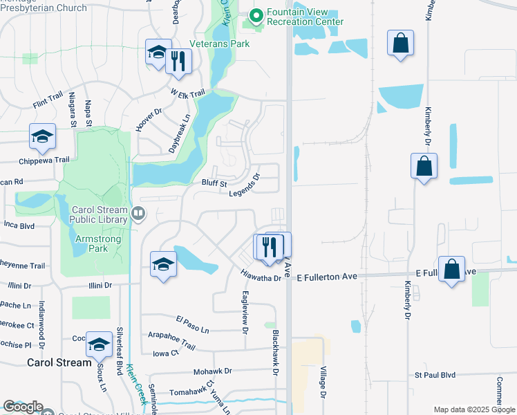 map of restaurants, bars, coffee shops, grocery stores, and more near 600 Redhill Trail in Carol Stream