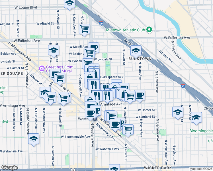 map of restaurants, bars, coffee shops, grocery stores, and more near 2044 North Oakley Avenue in Chicago