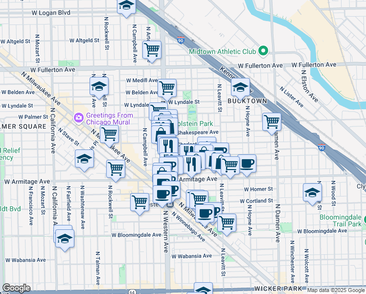 map of restaurants, bars, coffee shops, grocery stores, and more near 2044 North Oakley Avenue in Chicago