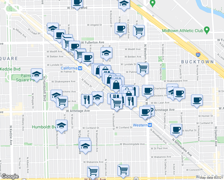 map of restaurants, bars, coffee shops, grocery stores, and more near 2118 North Bingham Street in Chicago