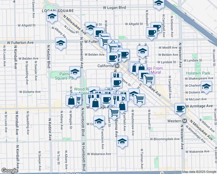 map of restaurants, bars, coffee shops, grocery stores, and more near 2840 West McLean Avenue in Chicago