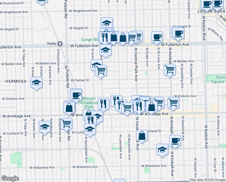 map of restaurants, bars, coffee shops, grocery stores, and more near 3713 West Dickens Avenue in Chicago