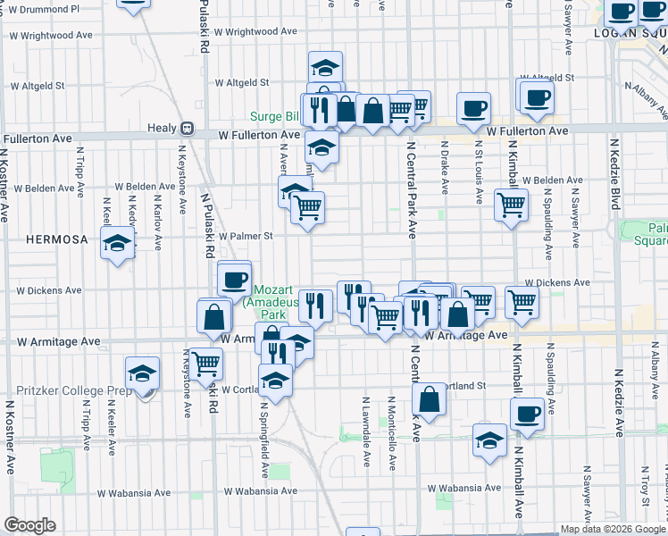 map of restaurants, bars, coffee shops, grocery stores, and more near 3713 West Dickens Avenue in Chicago