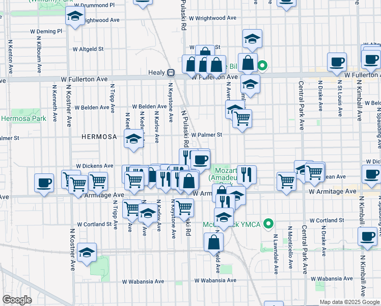 map of restaurants, bars, coffee shops, grocery stores, and more near 3944 West Dickens Avenue in Chicago