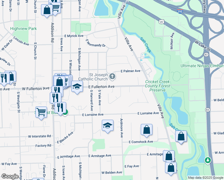 map of restaurants, bars, coffee shops, grocery stores, and more near 424 Ardmore Terrace in Addison