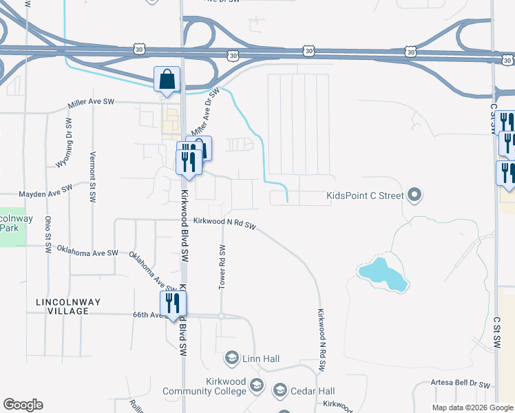 map of restaurants, bars, coffee shops, grocery stores, and more near 341 Kirkwood Court Southwest in Cedar Rapids