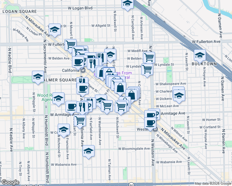 map of restaurants, bars, coffee shops, grocery stores, and more near 2124 North Milwaukee Avenue in Chicago