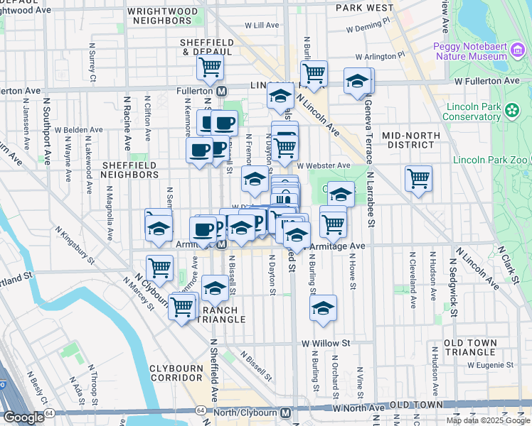 map of restaurants, bars, coffee shops, grocery stores, and more near 2052 North Dayton Street in Chicago