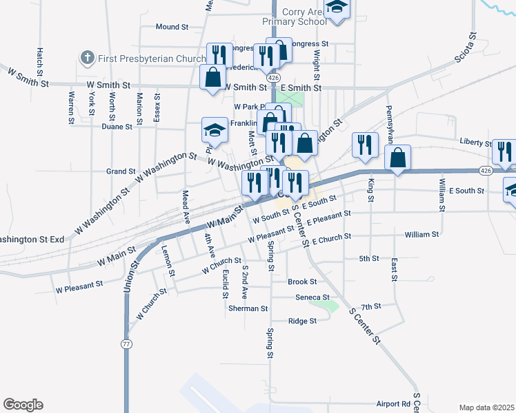 map of restaurants, bars, coffee shops, grocery stores, and more near 100 West Main Street in Corry