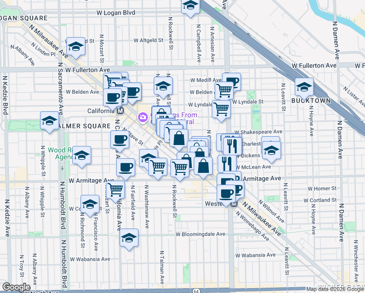 map of restaurants, bars, coffee shops, grocery stores, and more near 2112 North Maplewood Avenue in Chicago