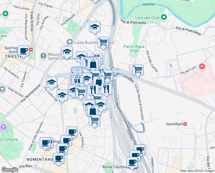 map of restaurants, bars, coffee shops, grocery stores, and more near 280 Via Circonvallazione Nomentana in Roma