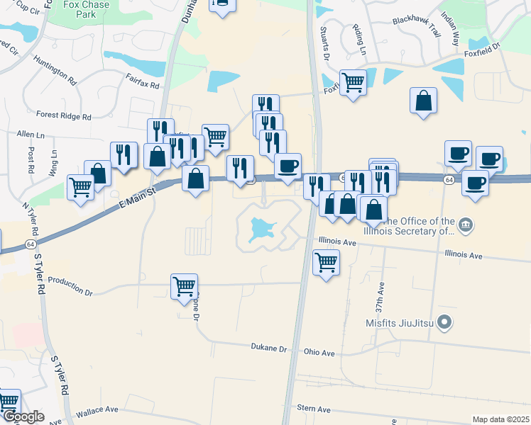 map of restaurants, bars, coffee shops, grocery stores, and more near 124 Lakeside Drive in St. Charles