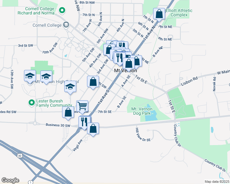 map of restaurants, bars, coffee shops, grocery stores, and more near 417 A Avenue South in Mount Vernon