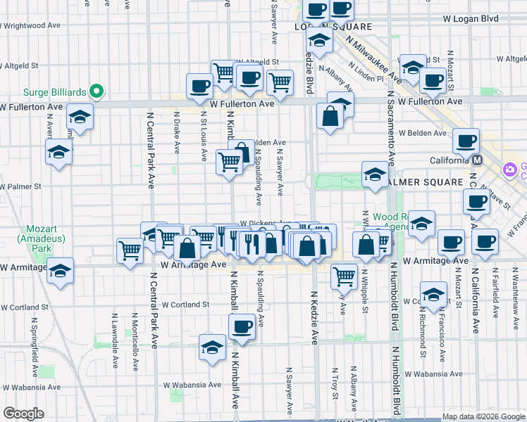 map of restaurants, bars, coffee shops, grocery stores, and more near 2056 North Sawyer Avenue in Chicago