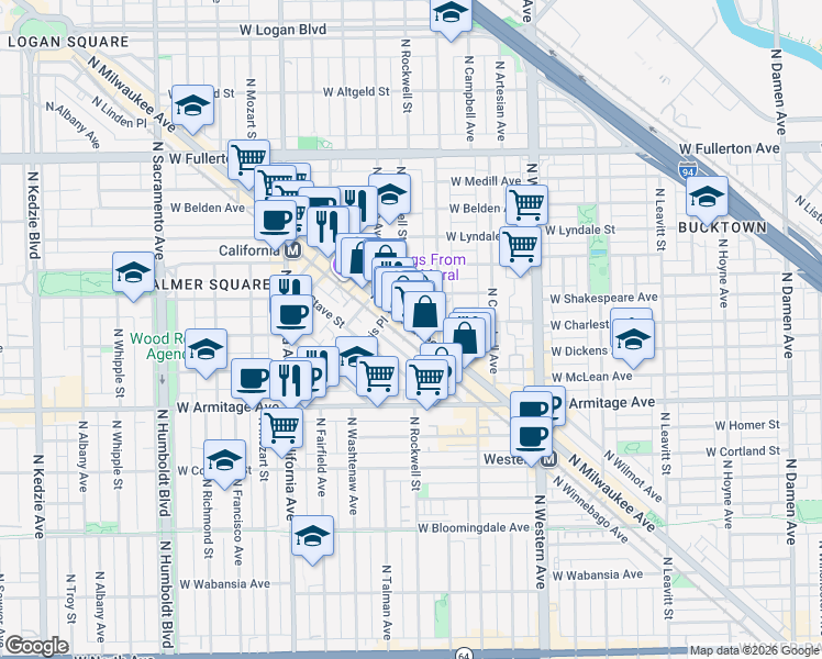 map of restaurants, bars, coffee shops, grocery stores, and more near 2118 North Bingham Street in Chicago