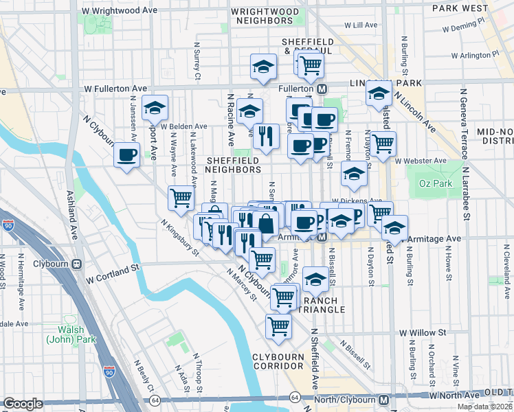 map of restaurants, bars, coffee shops, grocery stores, and more near 2033 North Clifton Avenue in Chicago