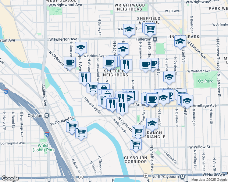 map of restaurants, bars, coffee shops, grocery stores, and more near 2060 North Racine Avenue in Chicago