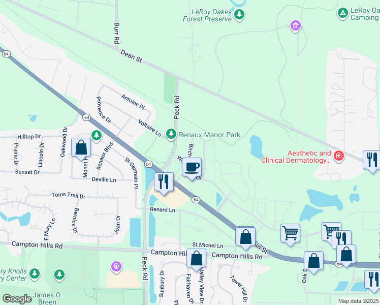map of restaurants, bars, coffee shops, grocery stores, and more near 148 Birch Lane in St. Charles