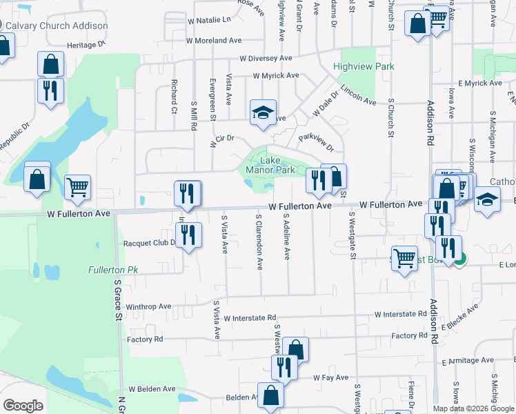 map of restaurants, bars, coffee shops, grocery stores, and more near 414 West Fullerton Avenue in Addison