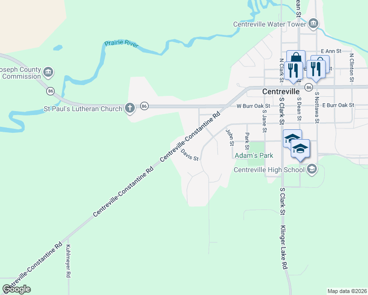 map of restaurants, bars, coffee shops, grocery stores, and more near 521 West Main Street in Centreville