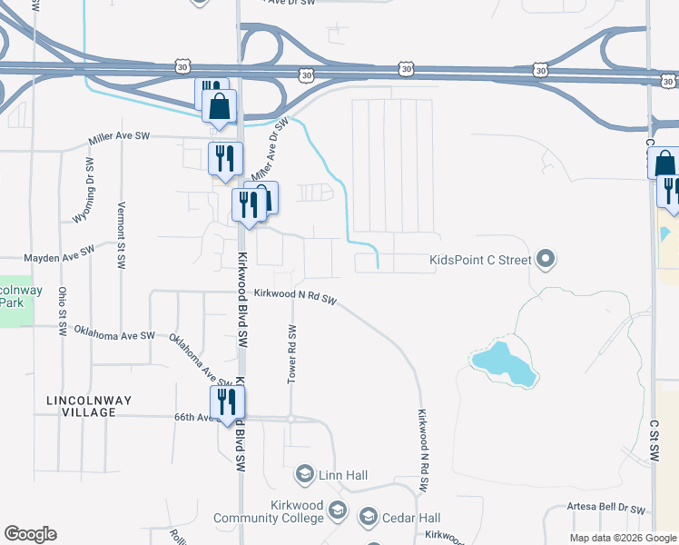 map of restaurants, bars, coffee shops, grocery stores, and more near 341 Kirkwood Court Southwest in Cedar Rapids