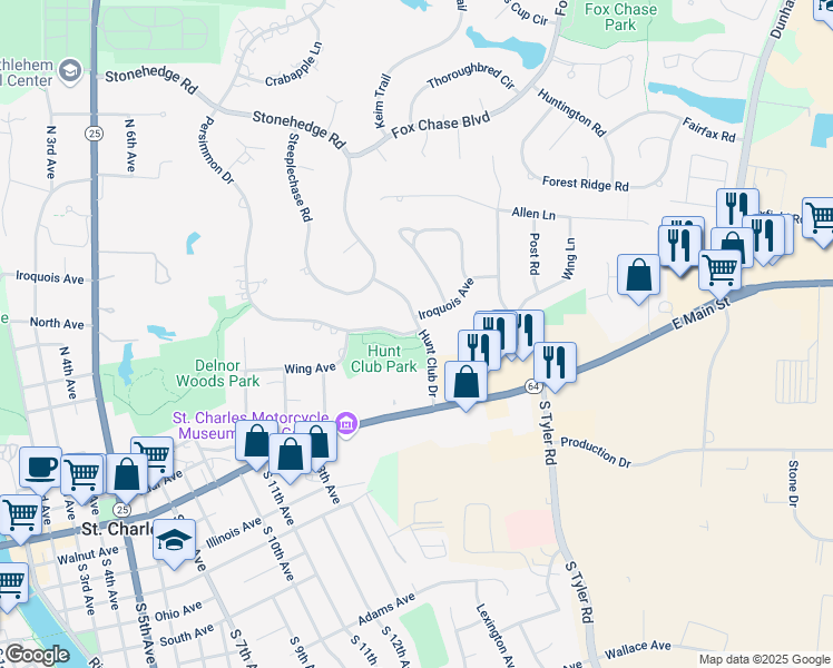 map of restaurants, bars, coffee shops, grocery stores, and more near 199 Hunt Club Drive in St. Charles