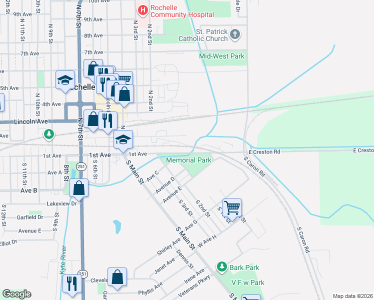 map of restaurants, bars, coffee shops, grocery stores, and more near 100 2nd Avenue in Rochelle