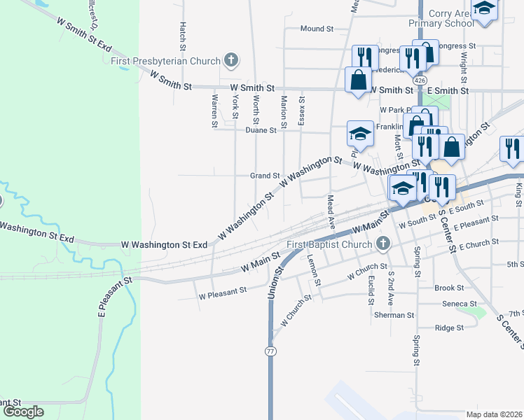 map of restaurants, bars, coffee shops, grocery stores, and more near 121 Worth St in Corry