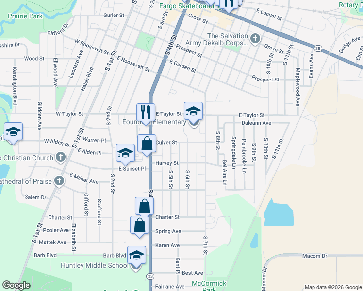 map of restaurants, bars, coffee shops, grocery stores, and more near 522 Culver St in DeKalb