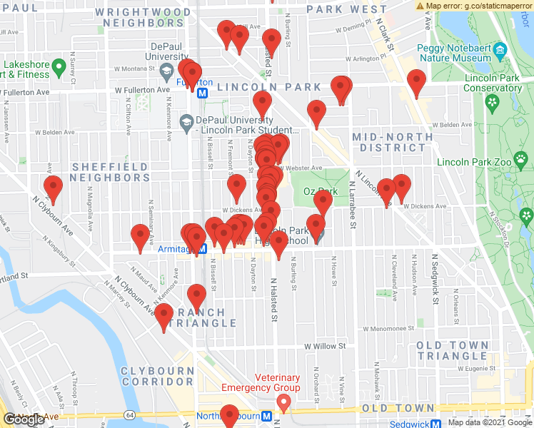map of restaurants, bars, coffee shops, grocery stores, and more near 2056 North Halsted Street in Chicago