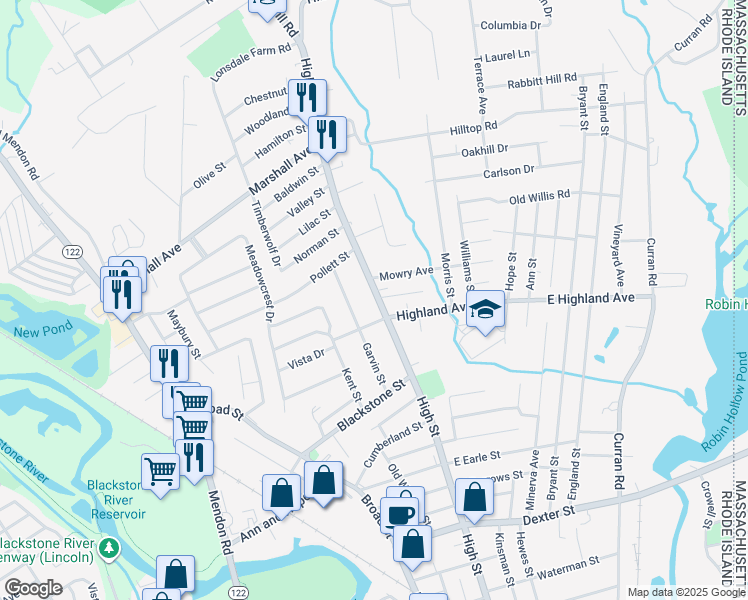 map of restaurants, bars, coffee shops, grocery stores, and more near 745 High Street in Cumberland