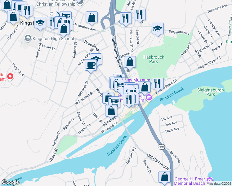 map of restaurants, bars, coffee shops, grocery stores, and more near 100 Broadway in Kingston