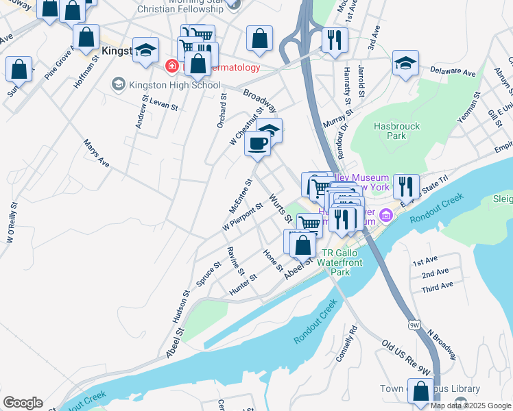 map of restaurants, bars, coffee shops, grocery stores, and more near 103 Wurts Street in Kingston