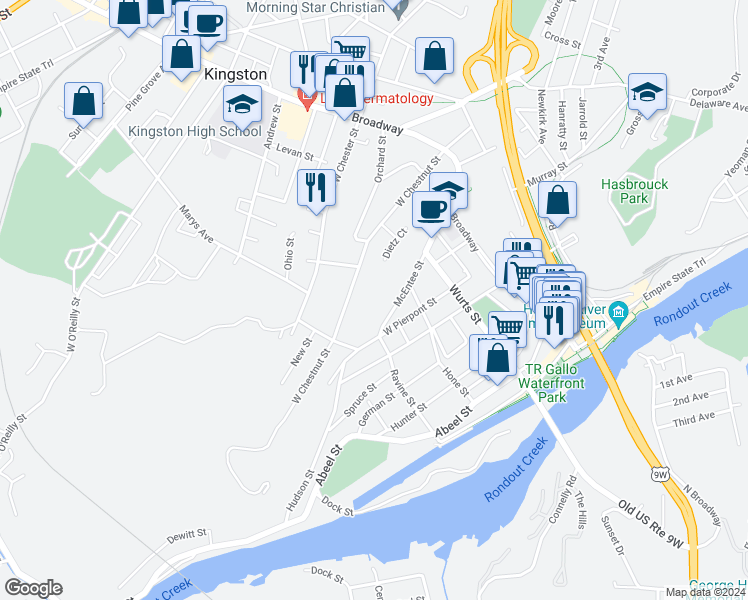 map of restaurants, bars, coffee shops, grocery stores, and more near 132 West Chestnut Street in Kingston