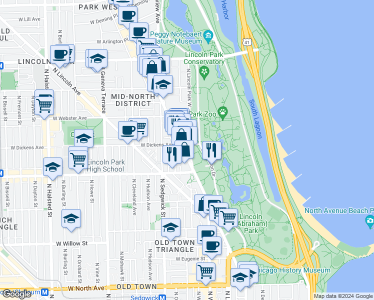 map of restaurants, bars, coffee shops, grocery stores, and more near 2100 North Lincoln Park West in Chicago