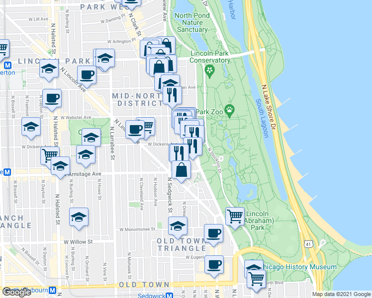 map of restaurants, bars, coffee shops, grocery stores, and more near 2109 North Clark Street in Chicago