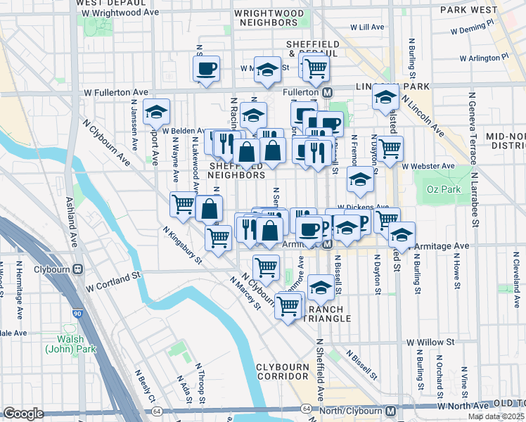 map of restaurants, bars, coffee shops, grocery stores, and more near 2119 North Clifton Avenue in Chicago