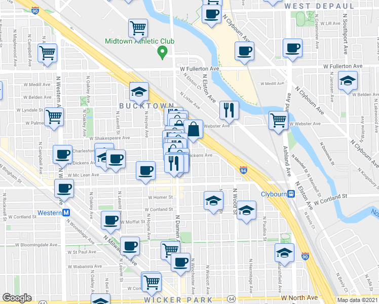 map of restaurants, bars, coffee shops, grocery stores, and more near in Chicago