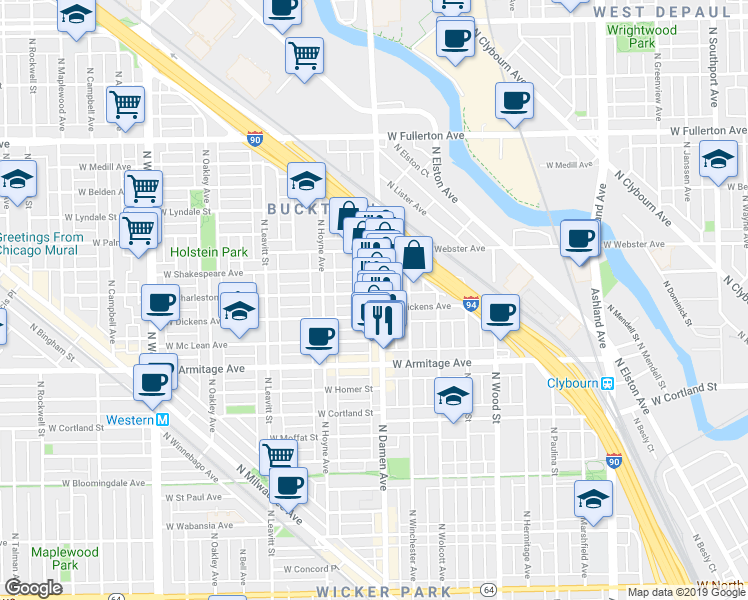 map of restaurants, bars, coffee shops, grocery stores, and more near in Chicago