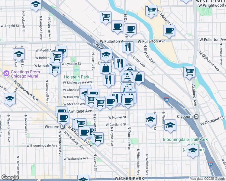 map of restaurants, bars, coffee shops, grocery stores, and more near 2047 West Shakespeare Avenue in Chicago
