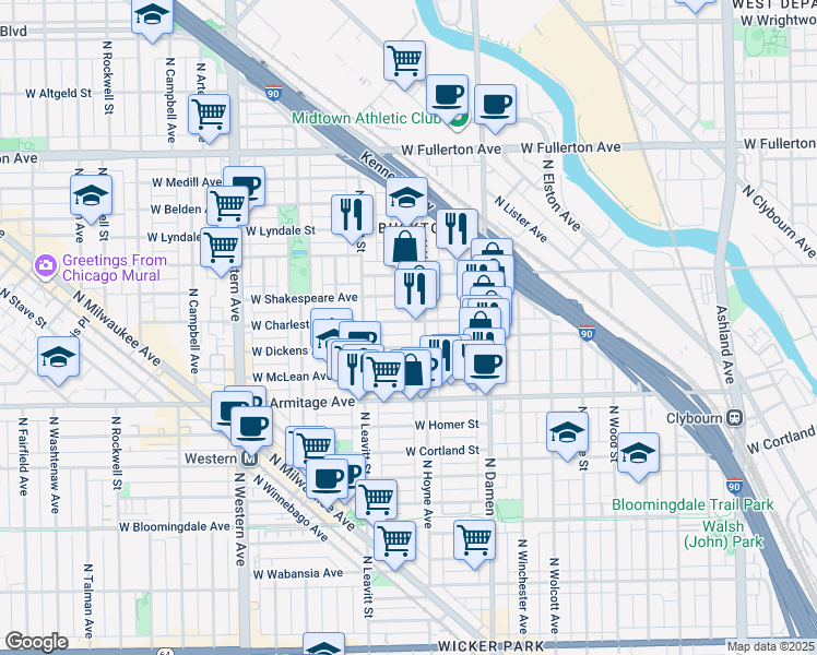 map of restaurants, bars, coffee shops, grocery stores, and more near 2119 West Shakespeare Avenue in Chicago
