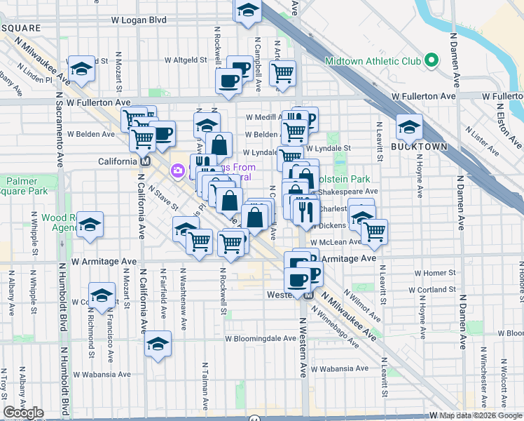 map of restaurants, bars, coffee shops, grocery stores, and more near 2517 West Shakespeare Avenue in Chicago