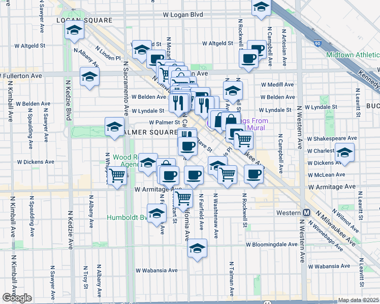 map of restaurants, bars, coffee shops, grocery stores, and more near 2801 West Shakespeare Avenue in Chicago